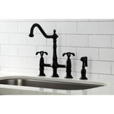 French Country Double-Handle 4-Hole Deck Mount Bridge Kitchen Faucet with Brass Sprayer