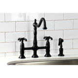French Country Double-Handle 4-Hole Deck Mount Bridge Kitchen Faucet with Brass Sprayer