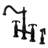 French Country Two-Handle 4-Hole Deck Mount Bridge Kitchen Faucet with Brass Sprayer