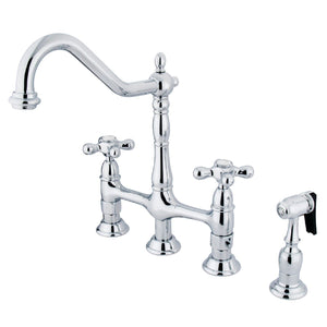 Heritage Two-Handle 4-Hole Deck Mount Bridge Kitchen Faucet with Brass Sprayer