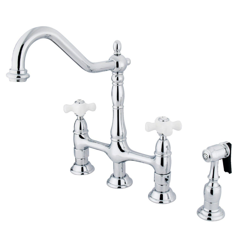 Heritage Two-Handle 4-Hole Deck Mount Bridge Kitchen Faucet with Brass Side Sprayer