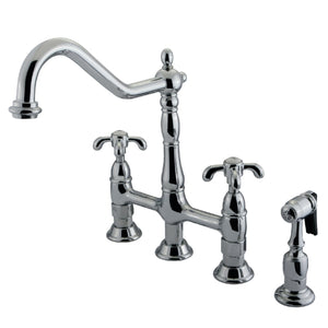 French Country Two-Handle 4-Hole Deck Mount Bridge Kitchen Faucet with Brass Sprayer