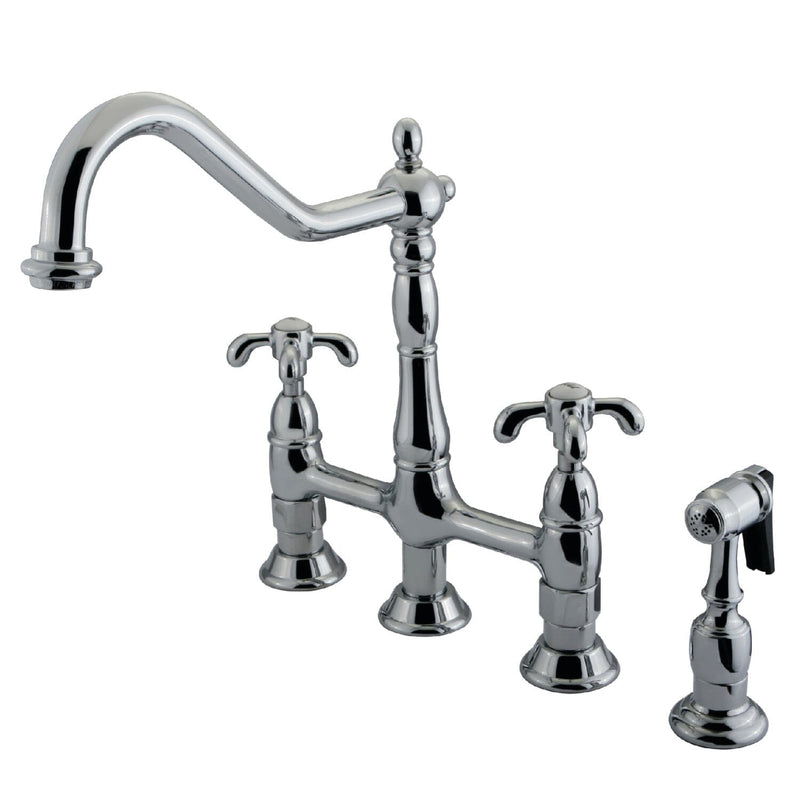 French Country Two-Handle 4-Hole Deck Mount Bridge Kitchen Faucet with Brass Side Sprayer