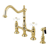 Heritage Two-Handle 4-Hole Deck Mount Bridge Kitchen Faucet with Brass Sprayer