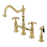 French Country Two-Handle 4-Hole Deck Mount Bridge Kitchen Faucet with Brass Sprayer