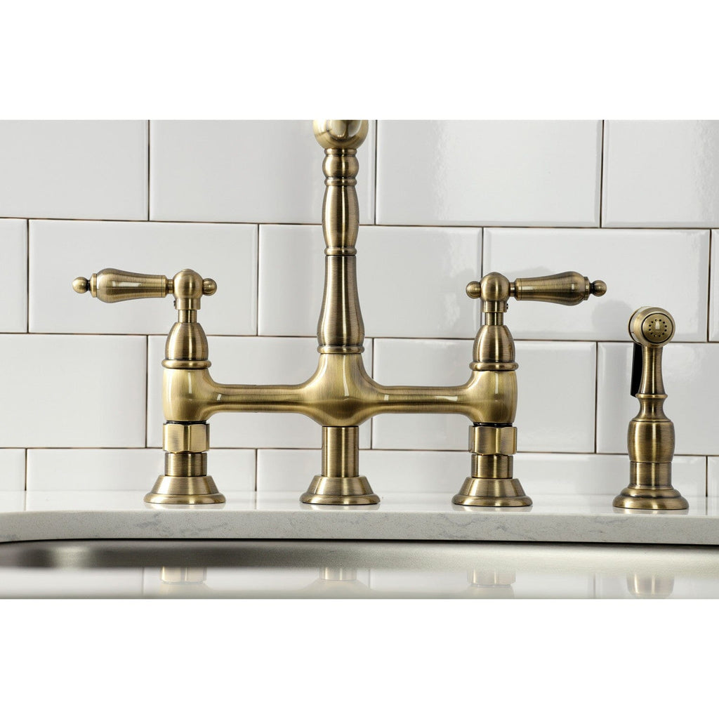 Heritage Two-Handle 4-Hole Deck Mount Bridge Kitchen Faucet with Brass Sprayer