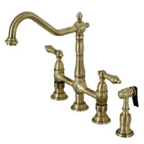 Heritage Two-Handle 4-Hole Deck Mount Bridge Kitchen Faucet with Brass Sprayer