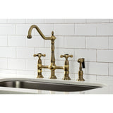 Heritage Two-Handle 4-Hole Deck Mount Bridge Kitchen Faucet with Brass Sprayer