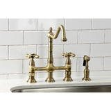 Heritage Two-Handle 4-Hole Deck Mount Bridge Kitchen Faucet with Brass Sprayer