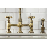 Heritage Two-Handle 4-Hole Deck Mount Bridge Kitchen Faucet with Brass Sprayer