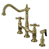 Heritage Two-Handle 4-Hole Deck Mount Bridge Kitchen Faucet with Brass Sprayer