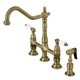 Heritage Two-Handle 4-Hole Deck Mount Bridge Kitchen Faucet with Brass Sprayer