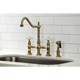 Heritage Two-Handle 4-Hole Deck Mount Bridge Kitchen Faucet with Brass Sprayer