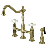 Heritage Two-Handle 4-Hole Deck Mount Bridge Kitchen Faucet with Brass Side Sprayer