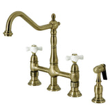 Heritage Two-Handle 4-Hole Deck Mount Bridge Kitchen Faucet with Brass Sprayer