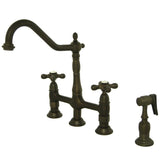 Heritage Two-Handle 4-Hole Deck Mount Bridge Kitchen Faucet with Brass Sprayer