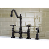 Essex Two-Handle 4-Hole Deck Mount Bridge Kitchen Faucet with Brass Sprayer