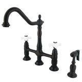 Heritage Two-Handle 4-Hole Deck Mount Bridge Kitchen Faucet with Brass Sprayer