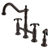 French Country Two-Handle 4-Hole Deck Mount Bridge Kitchen Faucet with Brass Sprayer