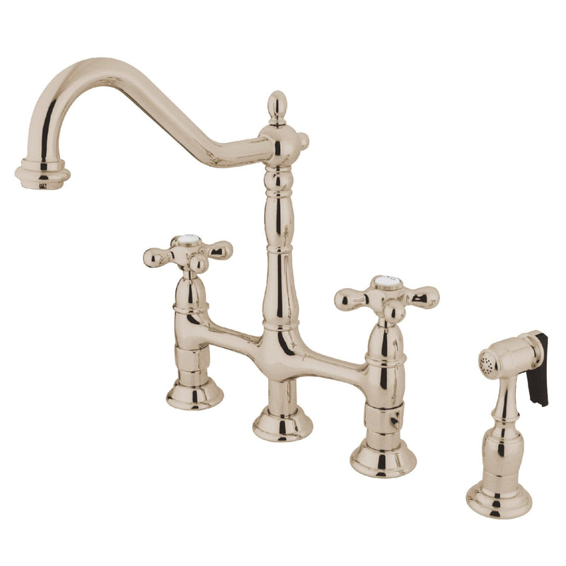Heritage Two-Handle 4-Hole Deck Mount Bridge Kitchen Faucet with Brass Side Sprayer