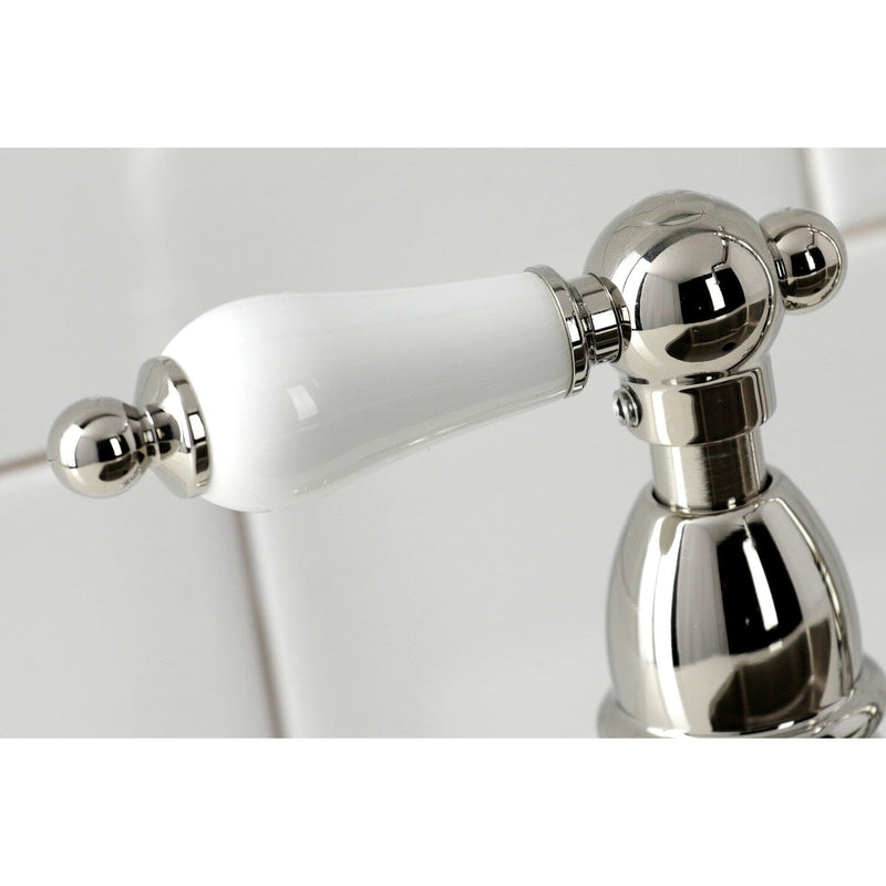Heritage Two-Handle 4-Hole Deck Mount Bridge Kitchen Faucet with Brass Sprayer