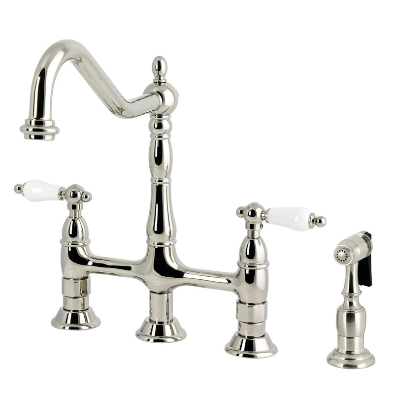 Heritage Two-Handle 4-Hole Deck Mount Bridge Kitchen Faucet with Brass Sprayer