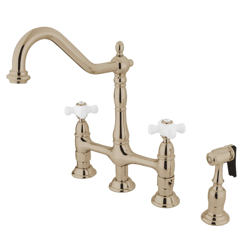 Heritage Two-Handle 4-Hole Deck Mount Bridge Kitchen Faucet with Brass Side Sprayer
