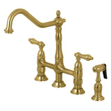 Heritage Two-Handle 4-Hole Deck Mount Bridge Kitchen Faucet with Brass Sprayer