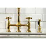 Heritage Two-Handle 4-Hole Deck Mount Bridge Kitchen Faucet with Brass Sprayer