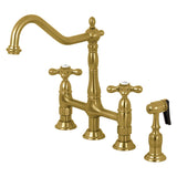 Heritage Two-Handle 4-Hole Deck Mount Bridge Kitchen Faucet with Brass Sprayer