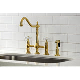 Heritage Two-Handle 4-Hole Deck Mount Bridge Kitchen Faucet with Brass Sprayer