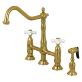 Heritage Two-Handle 4-Hole Deck Mount Bridge Kitchen Faucet with Brass Sprayer