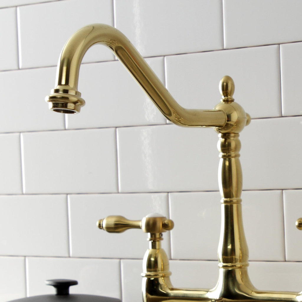 Tudor Two-Handle 4-Hole Deck Mount Bridge Kitchen Faucet with Brass Sprayer