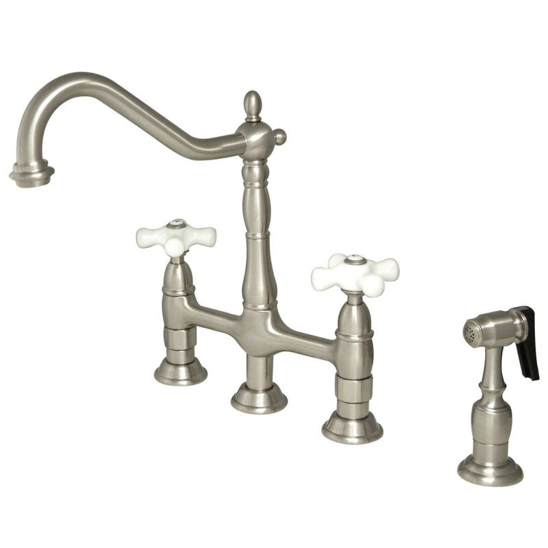 Heritage Two-Handle 4-Hole Deck Mount Bridge Kitchen Faucet with Brass Side Sprayer