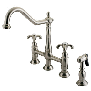 French Country Two-Handle 4-Hole Deck Mount Bridge Kitchen Faucet with Brass Sprayer