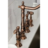 Heritage Two-Handle 4-Hole Deck Mount Bridge Kitchen Faucet with Brass Sprayer