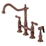 Heritage Two-Handle 4-Hole Deck Mount Bridge Kitchen Faucet with Brass Sprayer