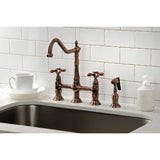 Heritage Two-Handle 4-Hole Deck Mount Bridge Kitchen Faucet with Brass Sprayer