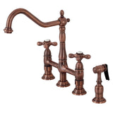 Heritage Two-Handle 4-Hole Deck Mount Bridge Kitchen Faucet with Brass Sprayer