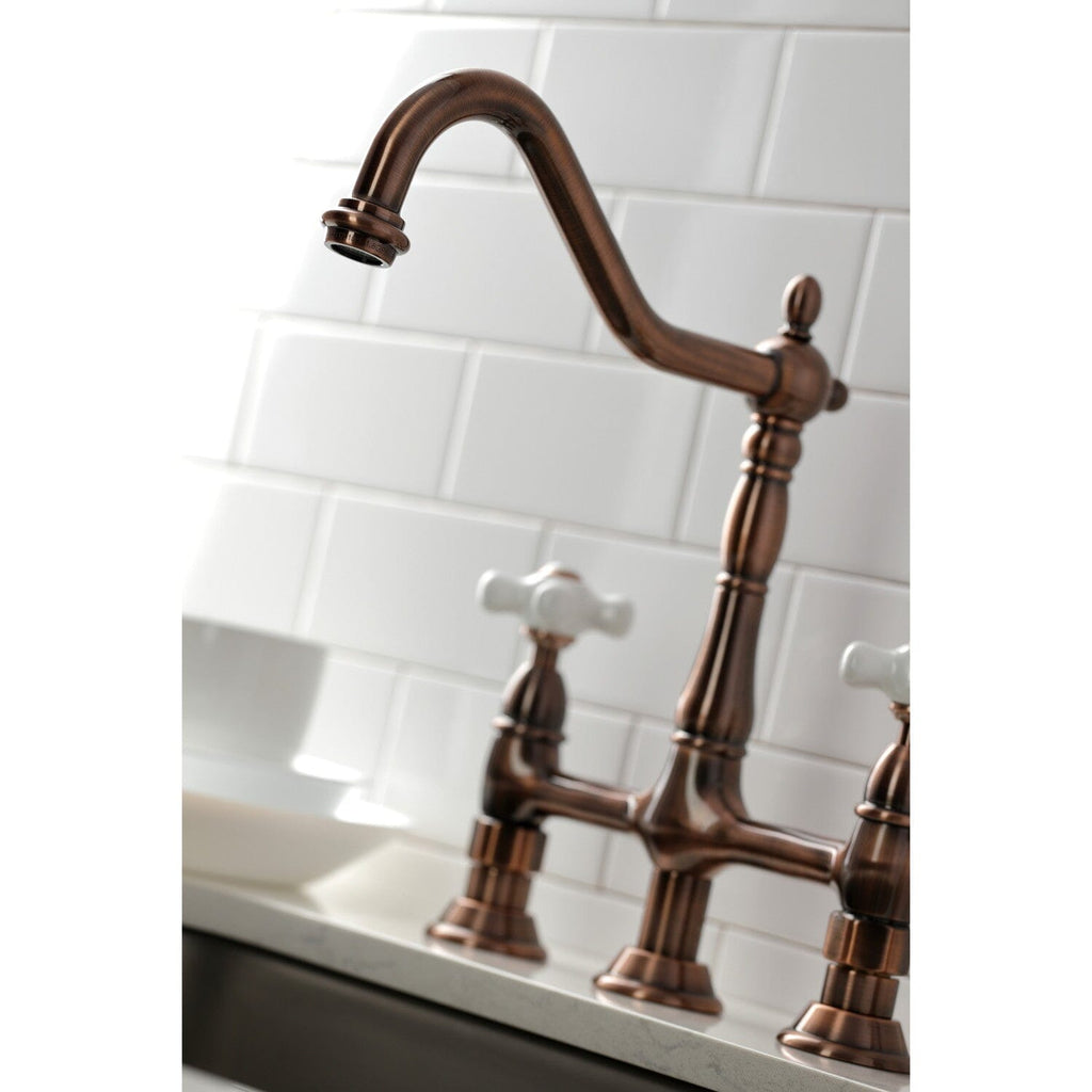 Heritage Two-Handle 4-Hole Deck Mount Bridge Kitchen Faucet with Brass Sprayer
