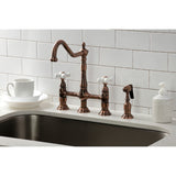 Heritage Two-Handle 4-Hole Deck Mount Bridge Kitchen Faucet with Brass Sprayer