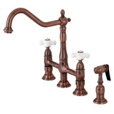 Heritage Two-Handle 4-Hole Deck Mount Bridge Kitchen Faucet with Brass Sprayer