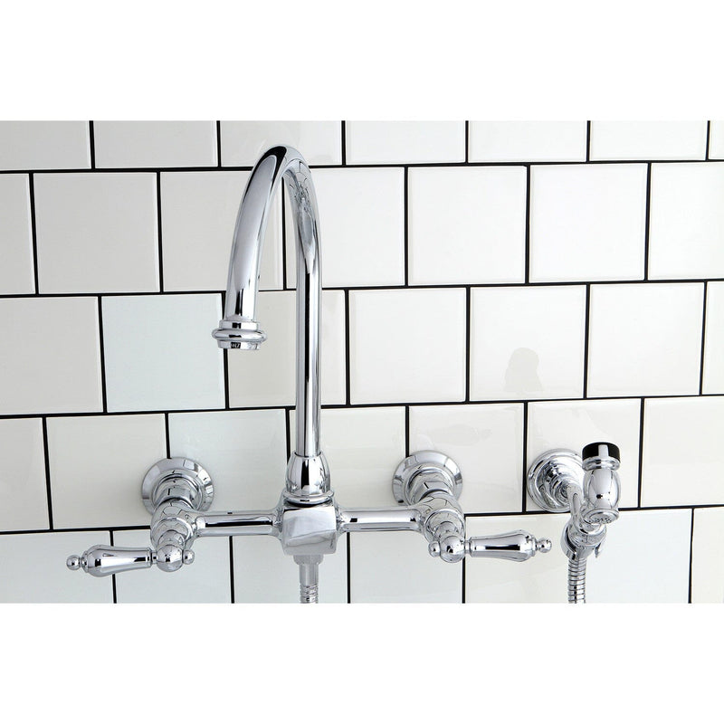 Restoration Double-Handle 3-Hole Wall-Mount Bridge Kitchen Faucet with Brass Sprayer