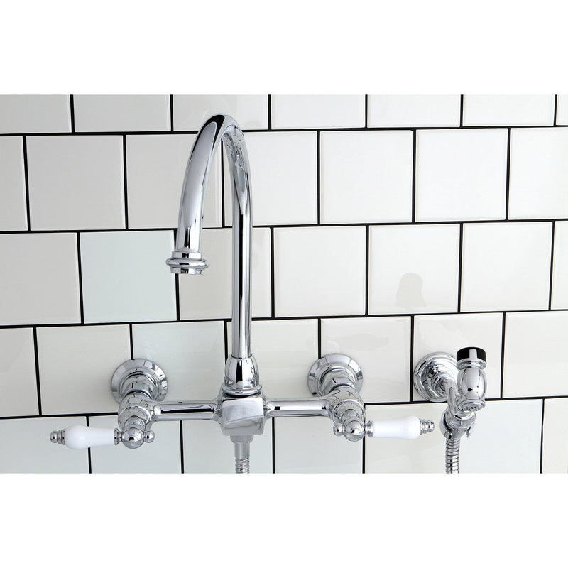 Restoration Double-Handle 3-Hole Wall-Mount Bridge Kitchen Faucet with Brass Sprayer