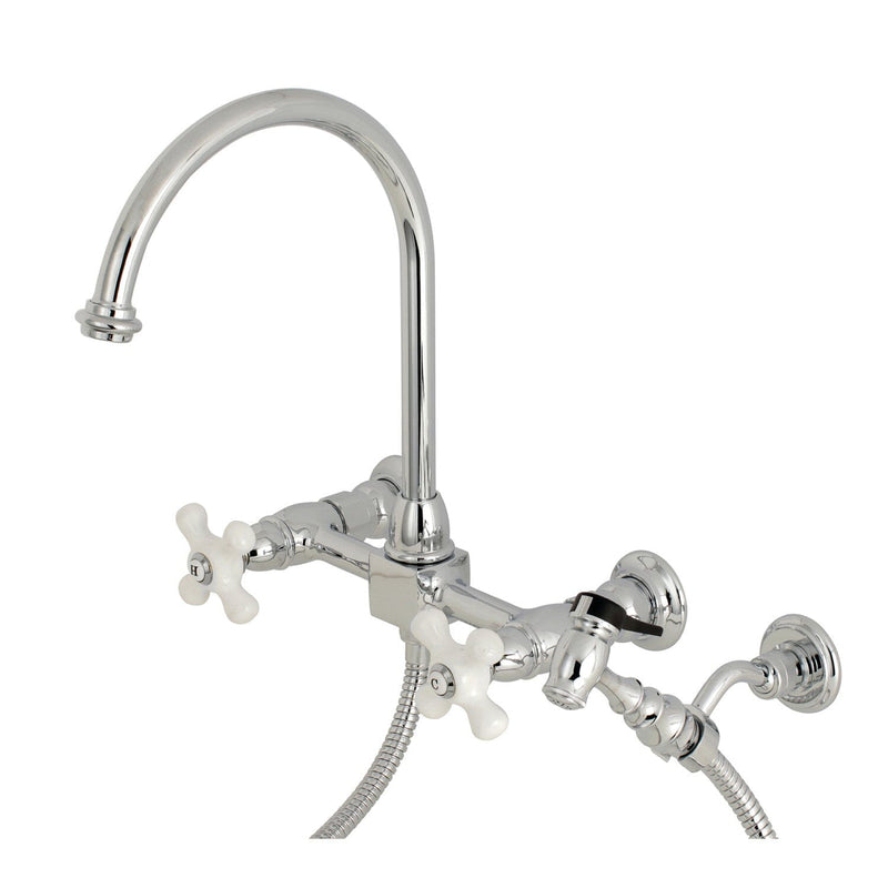 Restoration Two-Handle 3-Hole Wall Mount Bridge Kitchen Faucet with Brass Sprayer