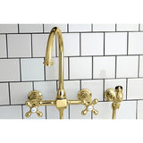 Restoration Two-Handle 3-Hole Wall Mount Bridge Kitchen Faucet with Brass Sprayer