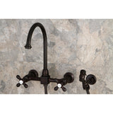 Restoration Two-Handle 3-Hole Wall Mount Bridge Kitchen Faucet with Brass Sprayer