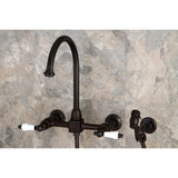 Restoration Double-Handle 3-Hole Wall-Mount Bridge Kitchen Faucet with Brass Sprayer