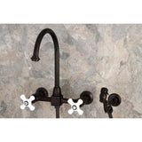 Restoration Two-Handle 3-Hole Wall Mount Bridge Kitchen Faucet with Brass Sprayer
