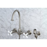 Restoration Two-Handle 3-Hole Wall Mount Bridge Kitchen Faucet with Brass Sprayer